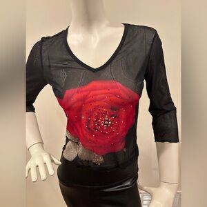 Vintage Express Black Sheer Top with Sparkly Red Rose Design, S
